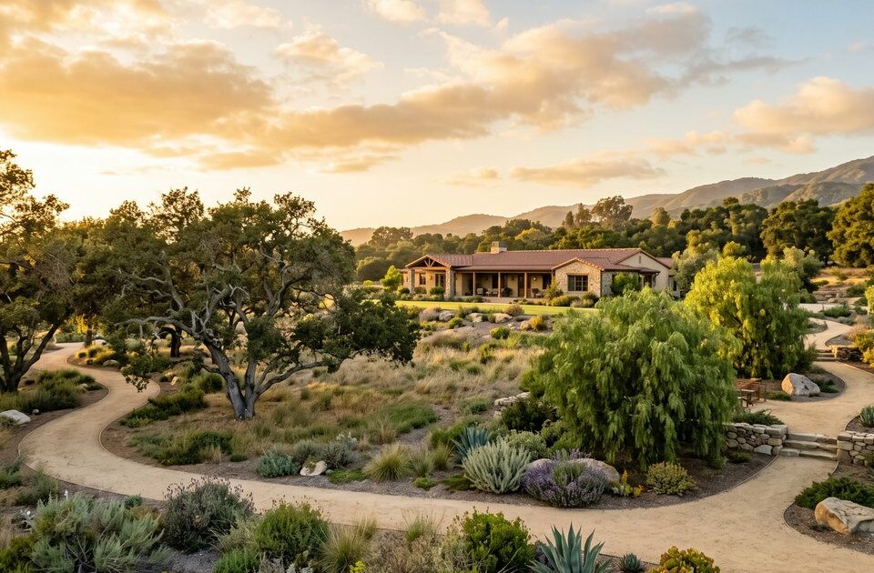 Large hardscaped estate property with drought tolerant landscaping and mature trees in Rancho Santa Fe California at golden hour