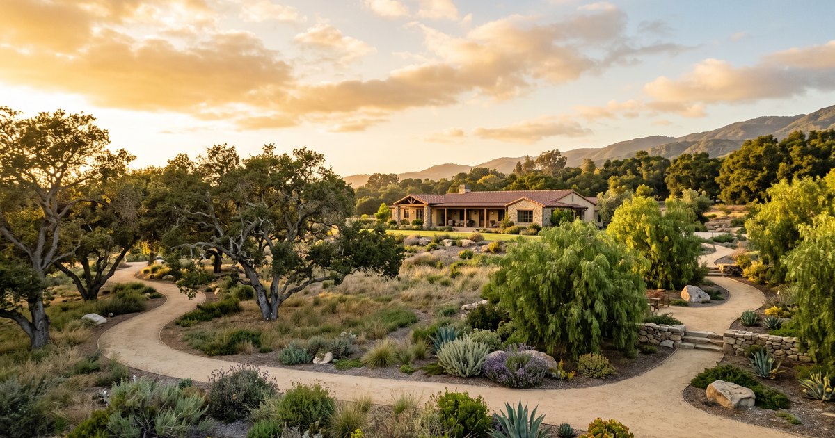 Large hardscaped estate property with drought tolerant landscaping and mature trees in Rancho Santa Fe California at golden hour