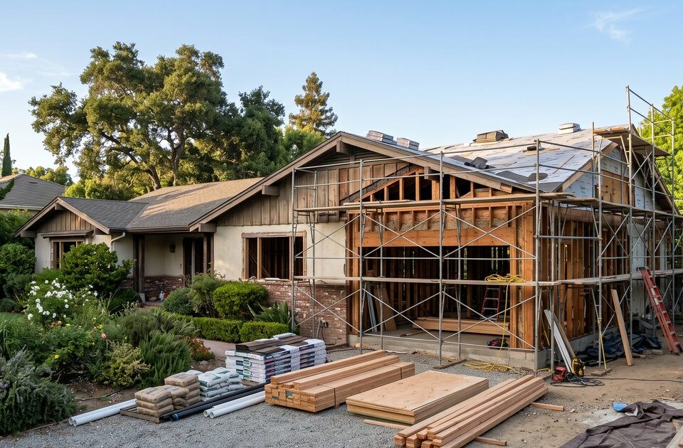 Large coastal California home mid renovation with scaffolding and exposed framing under clear sky