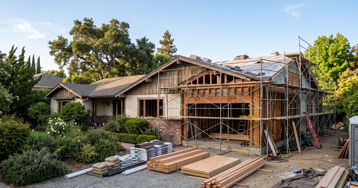 Large coastal California home mid renovation with scaffolding and exposed framing under clear sky