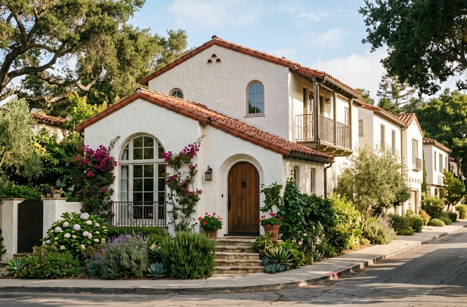Historic 1920s Spanish colonial revival row house with white stucco walls and red tile roof in Rancho Santa Fe California