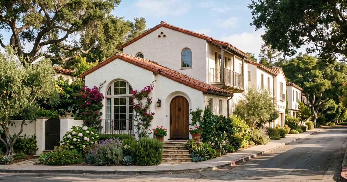 Historic 1920s Spanish colonial revival row house with white stucco walls and red tile roof in Rancho Santa Fe California