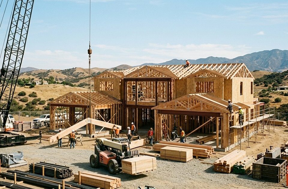 Construction crew framing a custom home with cranes and building materials on site in Southern California
