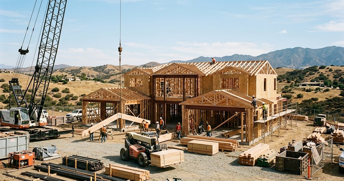 Construction crew framing a custom home with cranes and building materials on site in Southern California