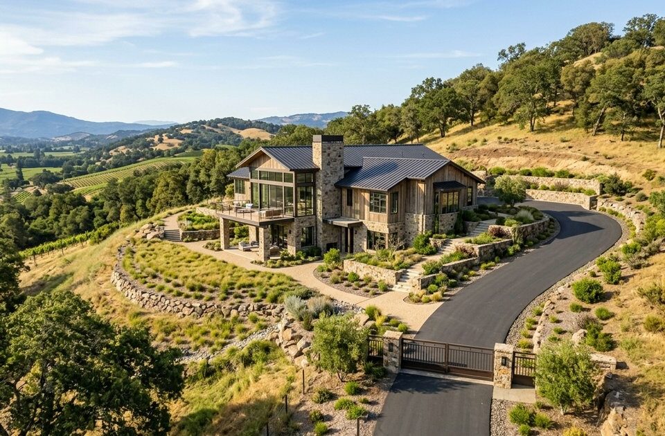 Rebuilt custom home on a hillside lot in Napa California with defensible space landscaping and clear access road