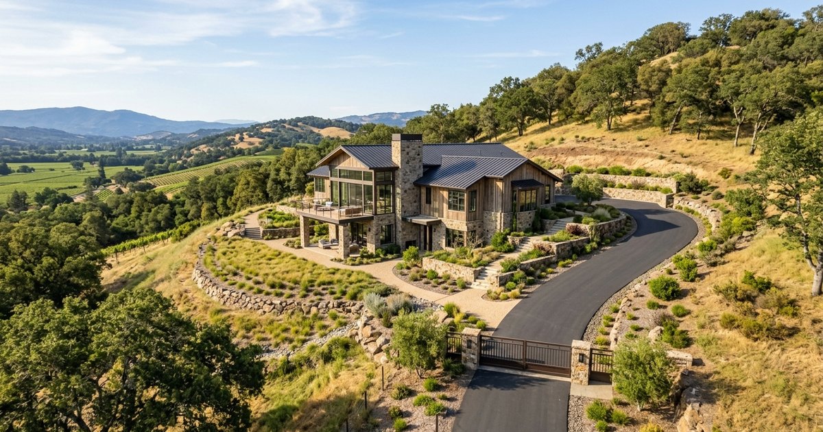 Rebuilt custom home on a hillside lot in Napa California with defensible space landscaping and clear access road