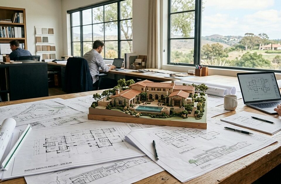 Architectural blueprints and working drawings spread across a table with a model home for a Rancho Santa Fe building project