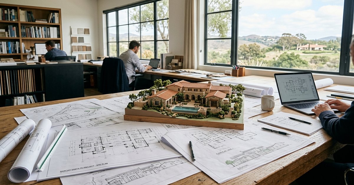 Architectural blueprints and working drawings spread across a table with a model home for a Rancho Santa Fe building project